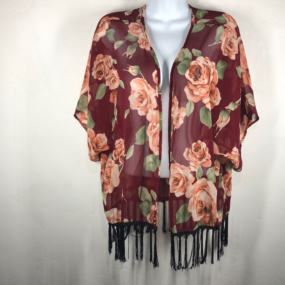 Love Republic rose print open sheer cardigan with fringe
